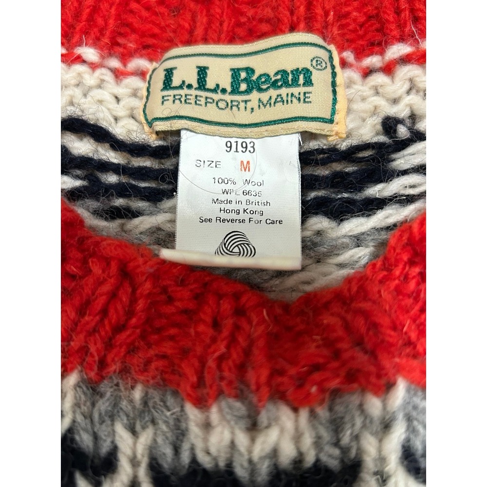 Vintage 80s 90s L.L.Bean Fair Isle 100% Wool Nordic Sweater Red Size M - Picture 7 of 7